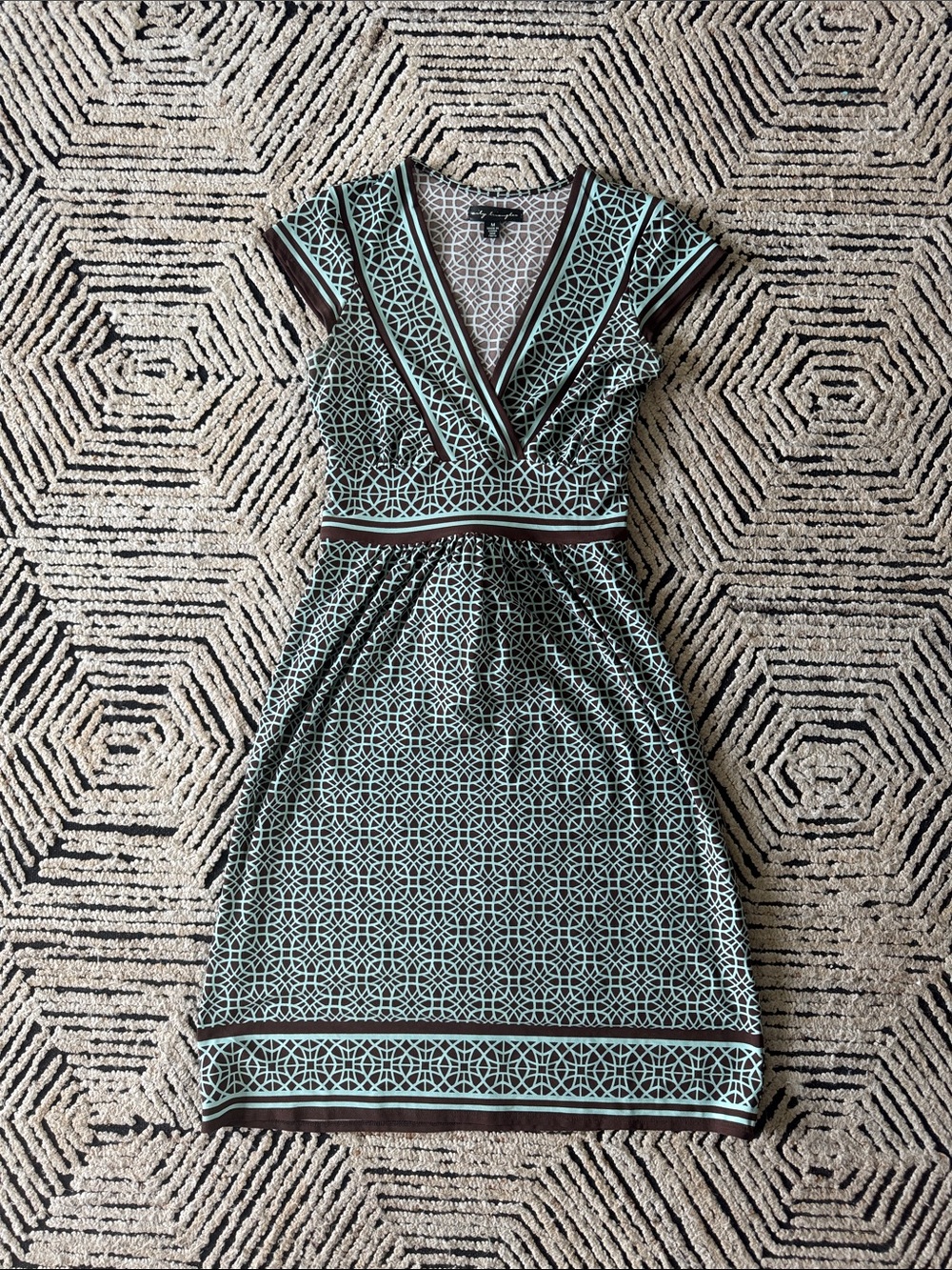 Geometric Mint & Brown V-Neck Dress